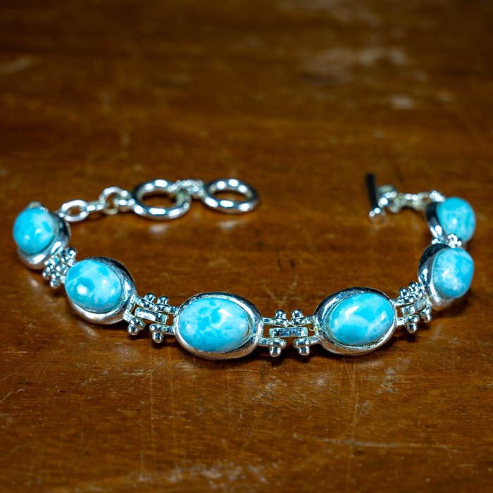 Very Rare AAA+++ Natural Blue Ocean Larimar Bracelet in 925 Silver, 142.9 ct- 28.58 g