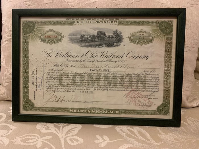 Coleção de títulos ou ações - Cru! Ações originais dos EUA de 1932 em moldura e assinadas à mão