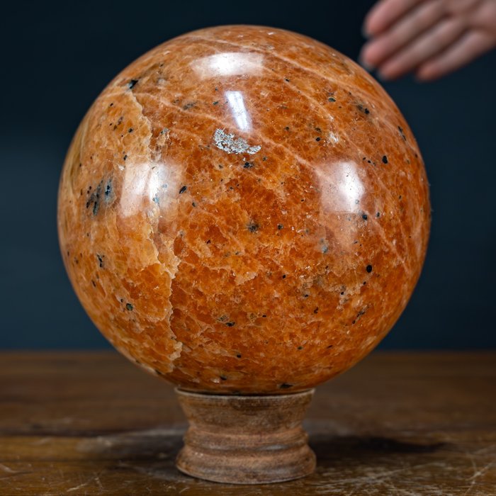 Natural First Quality Orange Calcite and Tourmaline Sphere- 1990.07 g