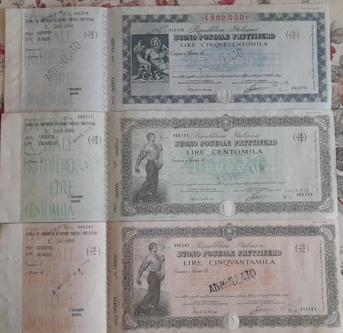 Anleihen- oder Aktiensammlung - 3x Postsparbriefe im Wert von 50, 100, 500.000 Lire