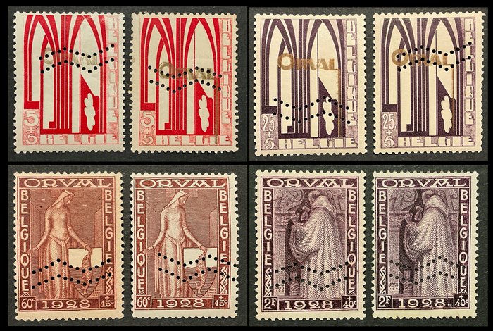 Belgien 1929 - Första Orval med HORISONTALA Sleeve Stripes - Curiosity "REGULAR + INVERSE Sleeve Stripes" - OBP 258A, 259A, 261A, 263A - 4 PAREN - UNIEK GEHEEL