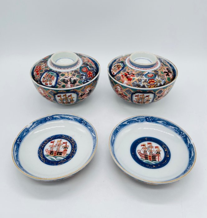 Tálkészlet (6) - Pair of "Blackship" rice bowls with extra covers - Porcelán