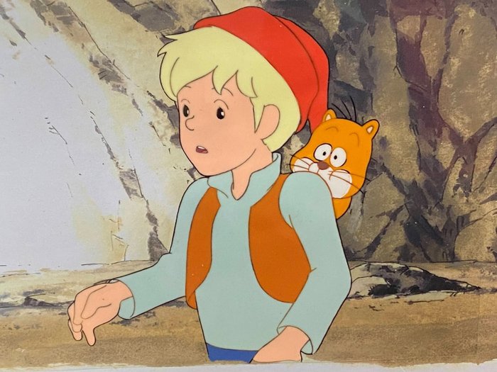The Wonderful Adventures of Nils (1980) - 1 Original-Animations-Cel von Nils Holgersson, mit Kopierhintergrund