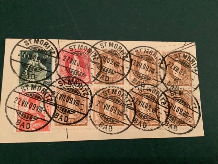 Switzerland 1907/1909 - 3Fr standing Helvetia in block of 7 - with photo certificate Guinand - Zumstein 99Aa, 100Bb, 113a en 120c