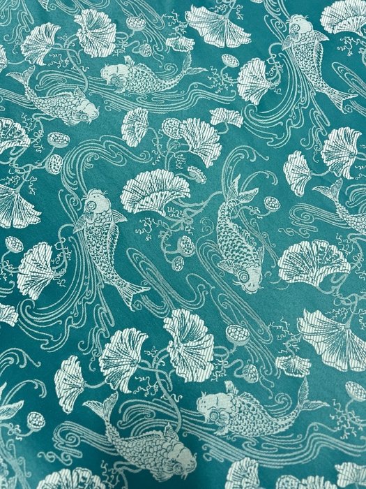 San Leucio - precious furnishing silk brocade Chinoiserie with Koi Carp - aquamarine - Upholstery fabric  - 400 cm - 140 cm