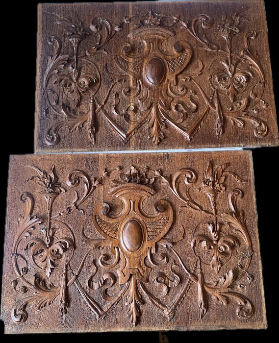 雕刻, Antica coppia di  pannelli intagliati - 50 cm - 橡木