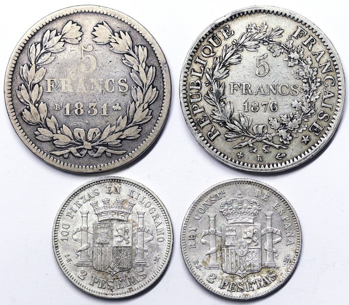Franciaország, Spanyolország. Lotto 4 pcs.: Francia: 5 Francs 1831 K, 1876 K. Spagna: 2 Pesetas 1870, 1882.