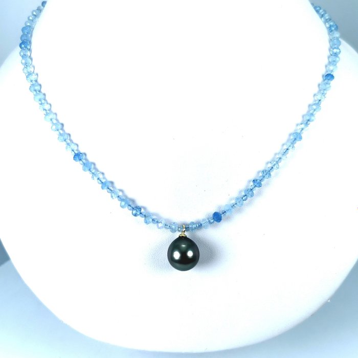 Zonder Minimumprijs - Tahitian pearl drop Ø 11,8x12,6 mm - Aquamarines - Ketting met hanger - 18 karaat Geel goud Parel - Aquamarijn 