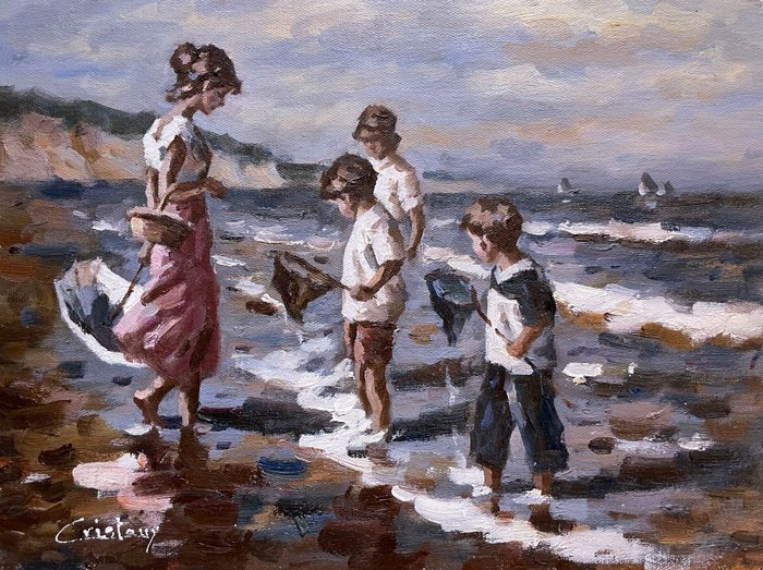 Francis Cristaux (1950) - Enfants sur la Plage - Pêche aux Coquillages