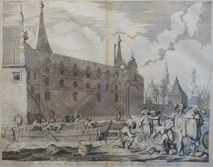 Ολλανδία, Σχέδιο πόλης - Μπρέντα; J. le Clerc - Veroveringe van 't Kasteel van Breda, door Soldaaten, in een Turfschip verborgen, Ao. 1590. - 1730
