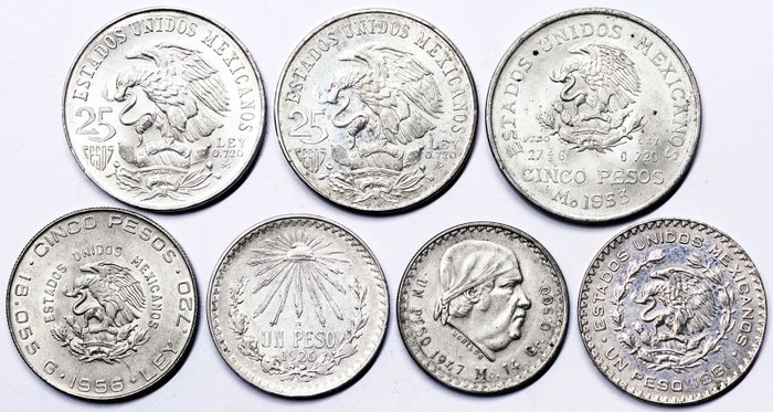 Mexico. Lotto 7 pcs.: 25 Pesos 1968(x2). 5 Pesos 1953, 1956. 1 Peso 1926, 1947, 1961.
