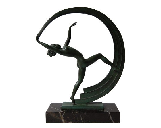 Max le Verrier - Janle - Escultura, Art Deco danseres - Bachanale - 33 cm - Metal patinado y mármol. - 1930