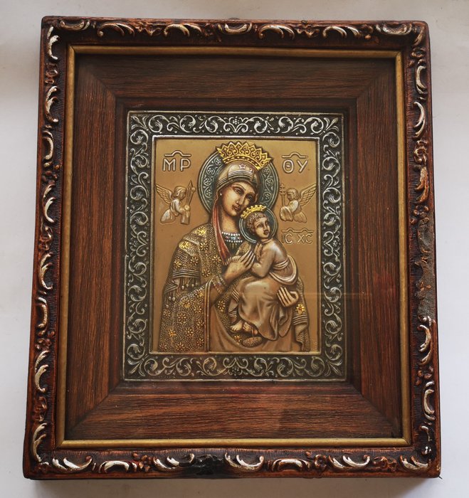 Ikona - Grecka ręcznie robiona ikona Dziewicy i Chrystusa - Drewno, Szkło