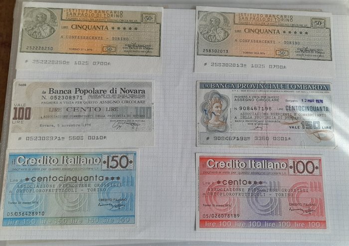 Collezione a tema - 48 miniassegni emessi negli anni 70, 31 banconote emesse tra il 1900 e il 2000, 3 buoni fruttiferi