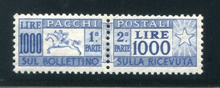 意大利共和国 1954 - 邮政包裹 1000 里拉卡瓦利诺凹痕。梳子 - sassone PP81