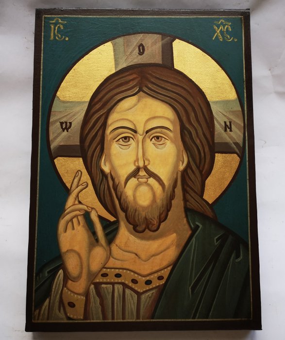 Ikona - Ręcznie malowana ikona Jezusa Wszechwładnego, Pantokratora z klasztoru w Rile - Drewno