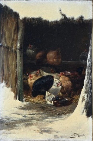 Eugène Rémy Maes (1849-1931) - Poules et canards dans l'étable enneigée