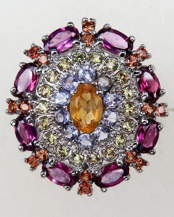 坦桑石 - 银, 大号尊贵戒指 - 意志的力量、信心和成功 - 蓝宝石、黄水晶、石榴石 - 戒指