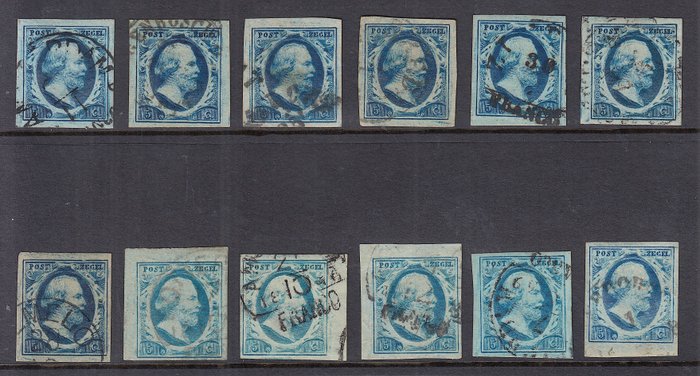 Pays-Bas 1852 - Sélection de timbres positionnés de la planche III - NVPH 1 (12x)