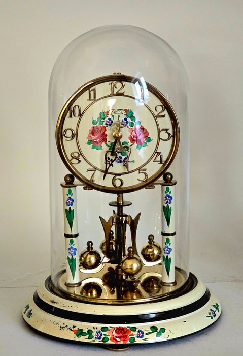 Mantel clock - Anniversary clock - Koma - white - flower - glass - brass - hand-painted - 1950-1960