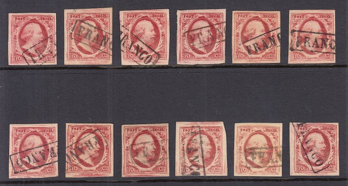 Niederlande 1852 - Auswahl positionierter Briefmarken aus Tafel IX - NVPH 2 (12x)