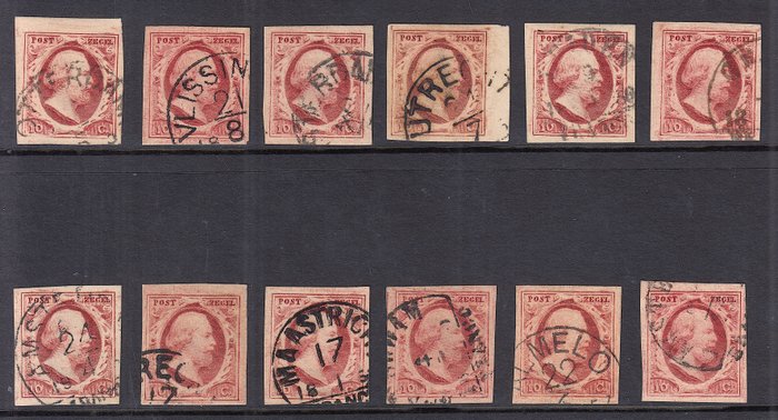 Niederlande 1852 - Auswahl positionierter Briefmarken aus Tafel IV - NVPH 2 (12x)
