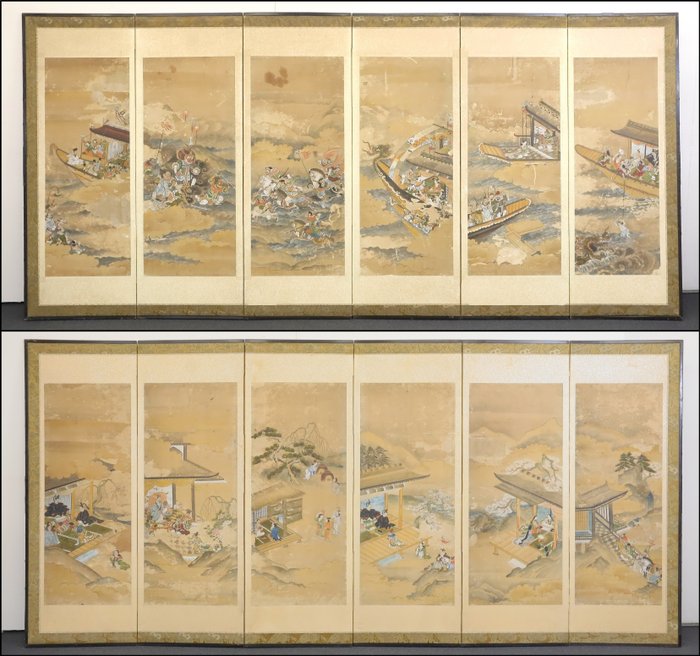 Byōbu-Faltschirm - Paar von sechs Tafelgemälden 六曲一双 Kaiserliche Szenen und maritime Abenteuer Schlachtszene – Holz - Japan - Edo-Zeit (1600-1868)