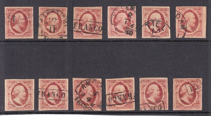 Nederland 1852 - Selectie gepositioneerde zegels afkomstig van plaat VI - NVPH 2 (12x)