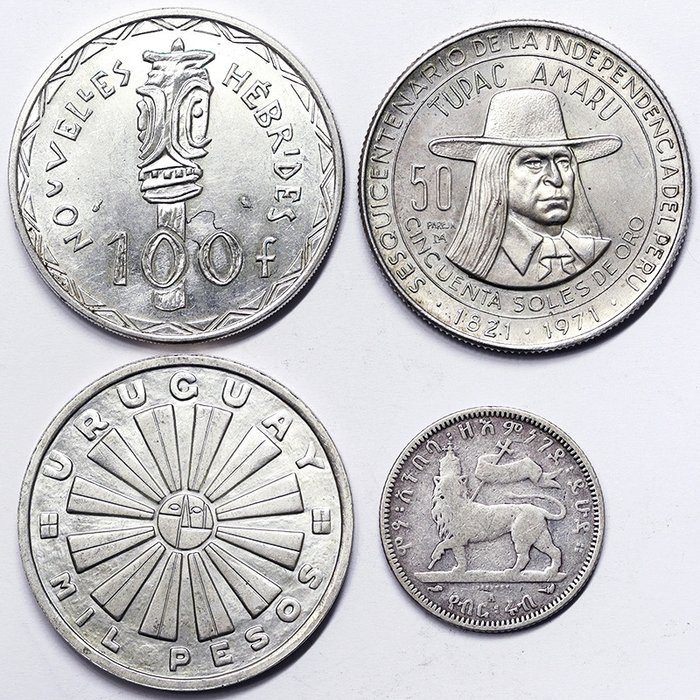 Etiopía, Nuevas Hébridas francesas, Perú, Uruguay. Lotto 4 pcs.: Nuove Ebridi 100 Francs 1966. Etiopia 1 Birr 1896 A. Peru' 50 Soles de oro 1971.