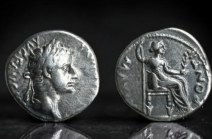 羅馬帝國. 提貝里烏斯 (AD 14-37). Denarius "Tribute Penny" type. Lugdunum