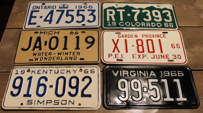 Rendszámtábla (6) - License plates - Mooie set originele vintage nummerplaten uit de USA , zeldzame collectie allemaal van 1966 !! - 1960-1970