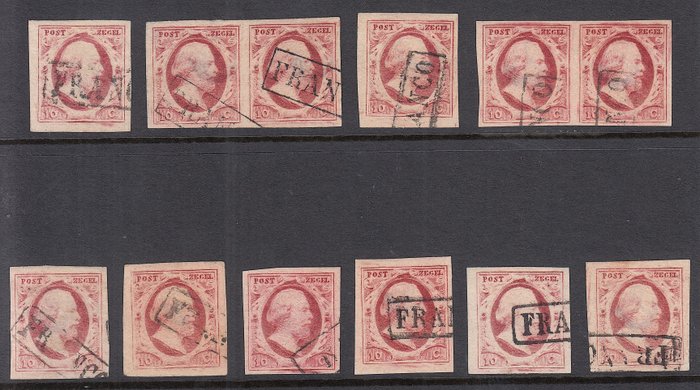Niederlande 1852 - Auswahl positionierter Briefmarken aus Tafel X - NVPH 2 (12x)