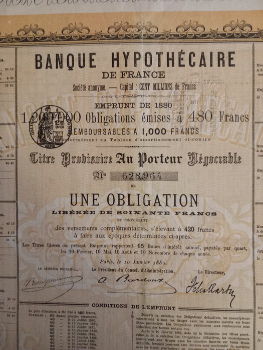 債券或股票系列 - 法國抵押銀行 1880 年債券證書