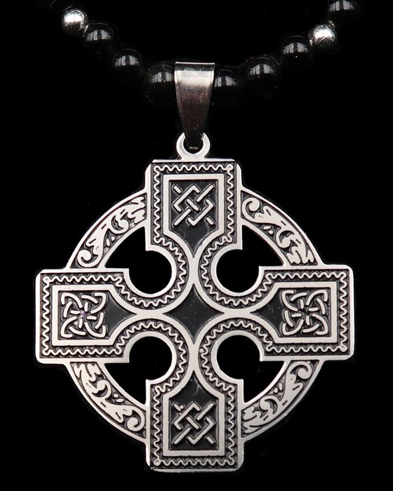 Halskjede, keltisk kors - himmelske og kosmiske krefter - Obsidian - lås, sølvperler - Halskjede
