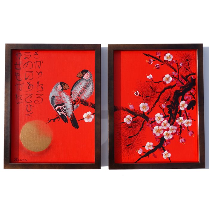 Ksavera - Japanese birds J364 - red diptych in frame