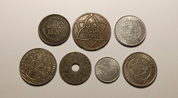 摩洛哥（法国保护国）. A nice 7x piece lot of Moroccan coinage, including silver 1320~1370 AH (AD 1902-1950)