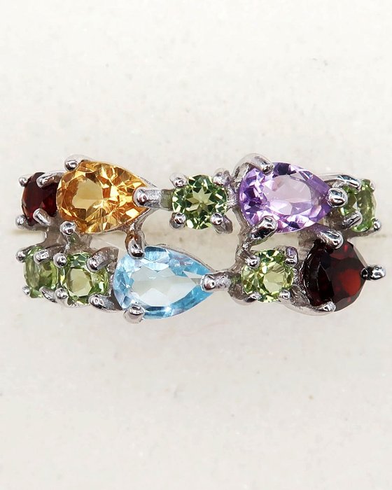 银, “脉轮”戒指 - 平衡、能量与和平 - 紫水晶、黄玉、橄榄石、石榴石、黄水晶 - 戒指