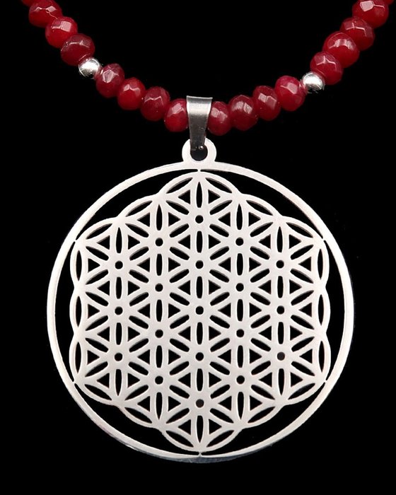 紅寶石 - 項鍊 - 生命之花 - 強大的能量 - 精神和諧 - 扣環，925 銀珠 - 頸鏈