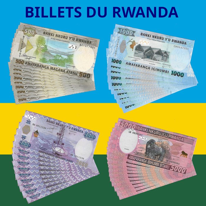 Rwanda och Burundi. - 10 x 500, 10 x 1000, 10 x 2000, 10 x 5000 Francs 2014 et 2019  (Utan reservationspris)