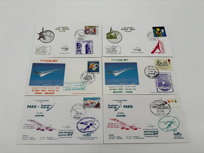 Air France - Airline- und Flughafen-Memorabilien - Set aus sechs Umschlägen vom ersten Flugtag der Concorde - 1990-2000
