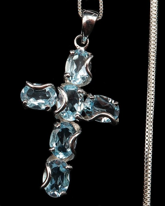 黄宝石 - 银, 精美的纯银十字架及其链条 - 蓝色托帕石 - 创造力和灵感 - 项链