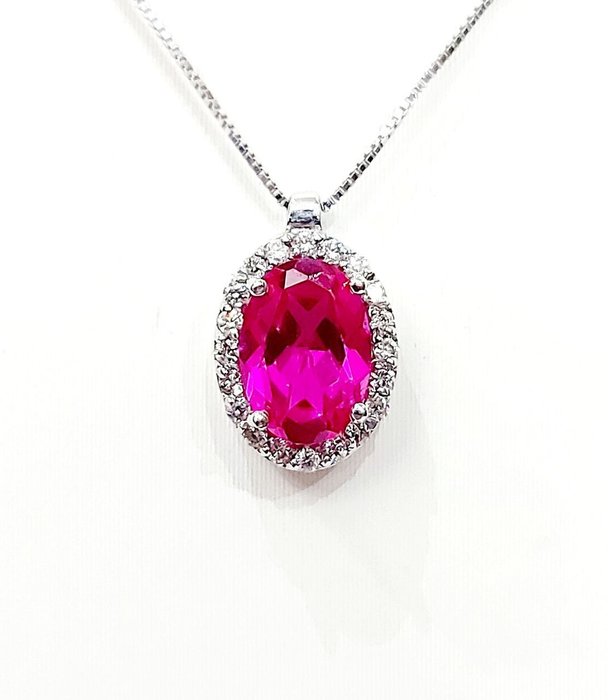Necklace with pendant White gold Diamond  (Natural) - Ruby 