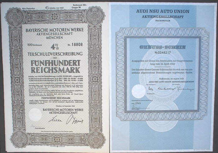 Obligasjoner eller aksjesamling - Audi + BMW - 4% BMW 500 RM München 1943 + Audi Genuss Schein 1969