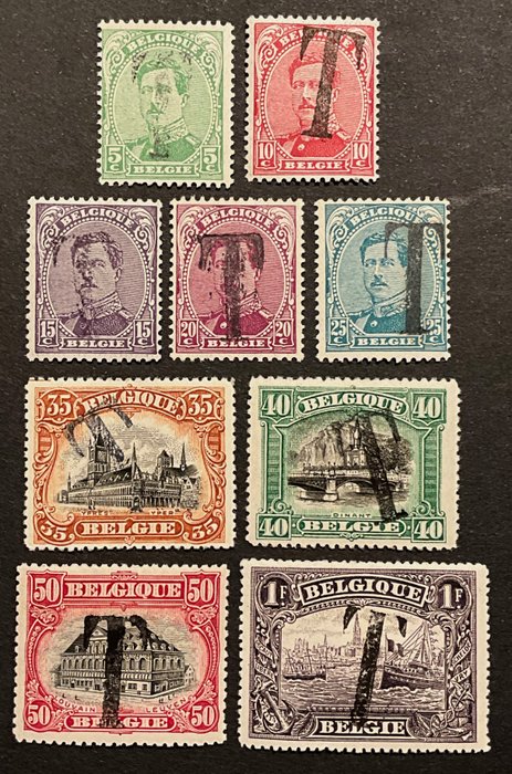 Bélgica 1915 - Selos postais com impressão sobreposta em T - Série completa - TX17/TX25