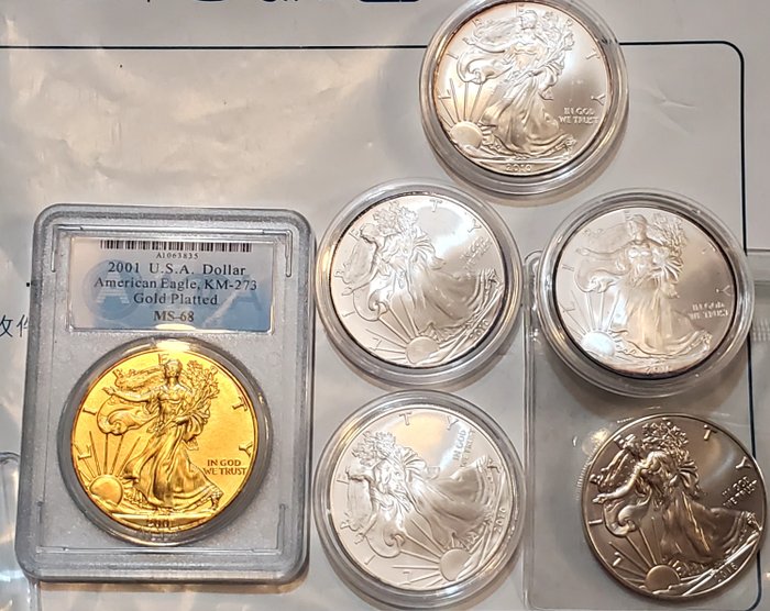 USA. 1 Dollar 2001/2016 Liberty, 6x1 Oz (incl. gold plated coin) (.999)  (Utan reservationspris)