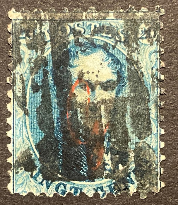 Belgien 1863 - Gezahntes Medaillon 20 c Blau – Marke „G“ – Bank Paternostre Guillochin – Balkenstempel P83 MONS - OBP G15A