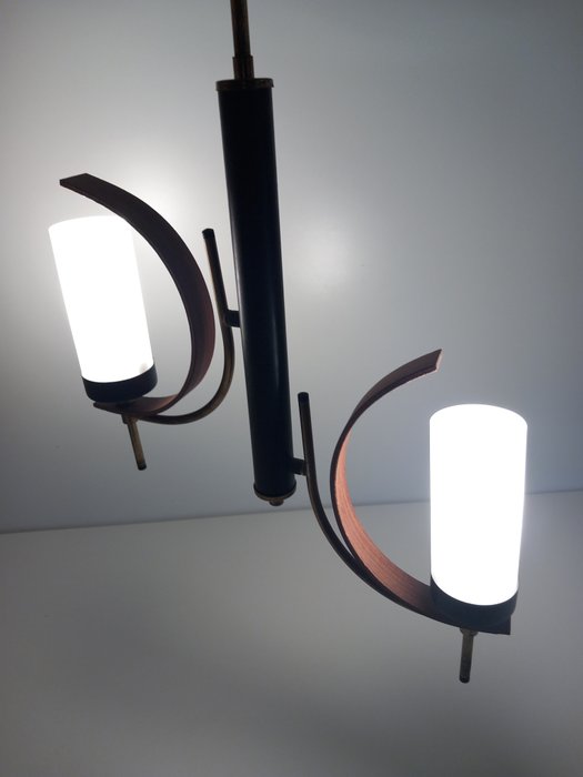 Hangende plafondlamp - jaren vijftig - Glas, Hout, IJzer (gesmeed), Messing