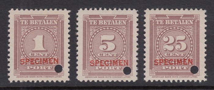 Suriname 1945 - Briefmarken mit SPECIMEN-Aufdruck und Perforationsloch - P33/P35