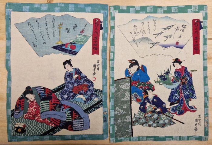 Chirimen-e (crepe picture) prints - Chapters 3 & 41 - From the series 'Traces of Genji in Fifty-four - Utagawa Kunisada II (1823-80) & Utagawa Hiroshige II (Shigenobu) (1826–1869) - Japonia - Meiji period (1868-1912)