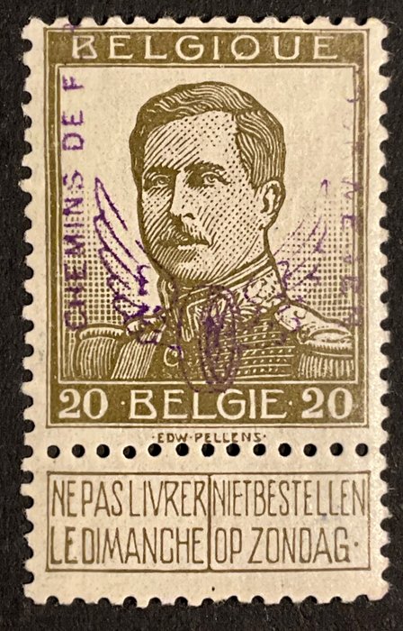 Bélgica 1915 - Selo ferroviário - Roda alada - 20 cêntimos Olive - Com contrastes e certificado Pierre Kaiser - OBP TR50